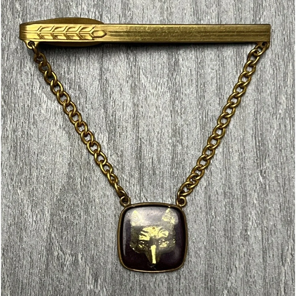 Vintage Hickok Gold Tone Tie Clasp Chain Bar Wolf Head Enamel Men's Jewelry